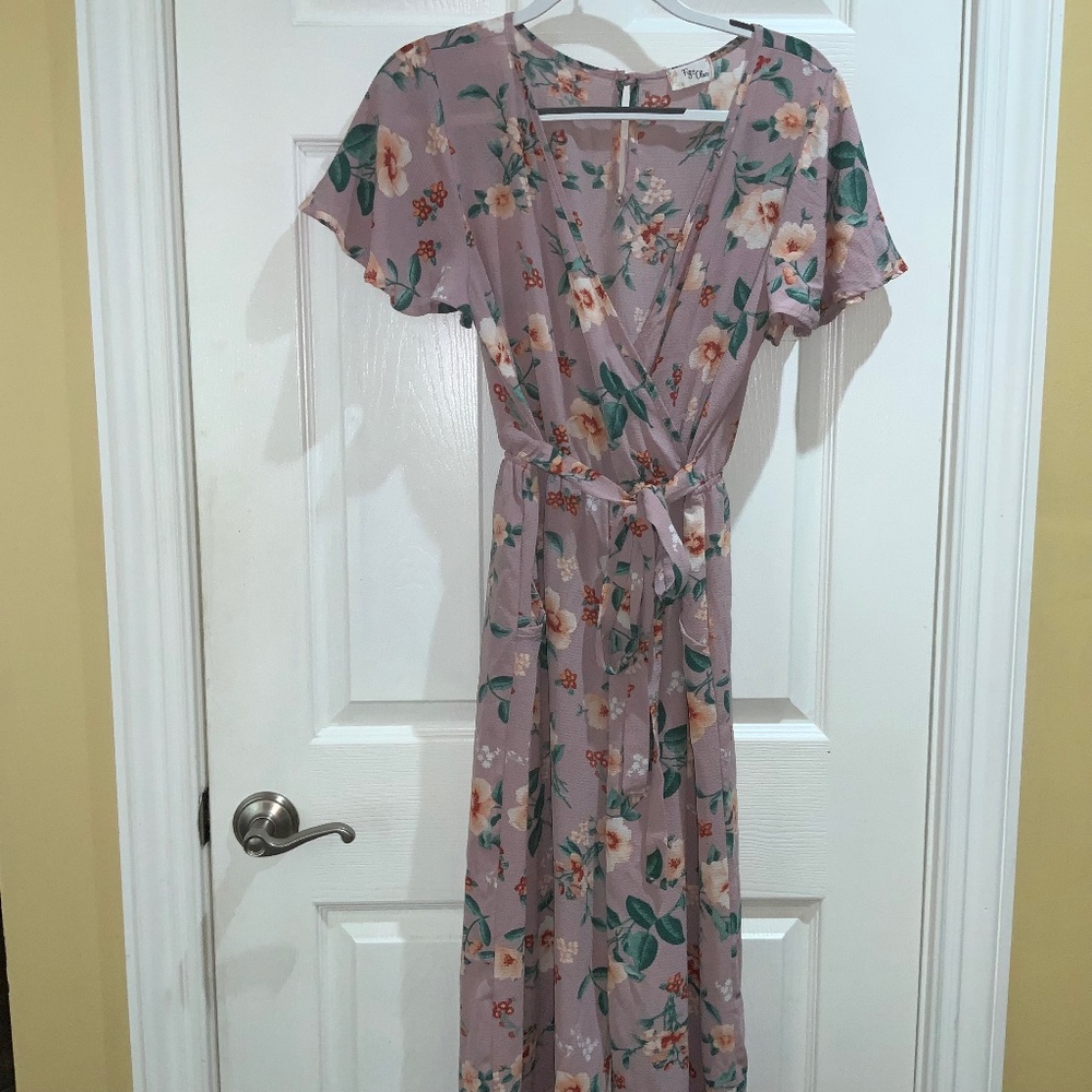 Fig & Olive floral faux wrap jumpsuit Sz XL flutter sleeves side ties keyhole